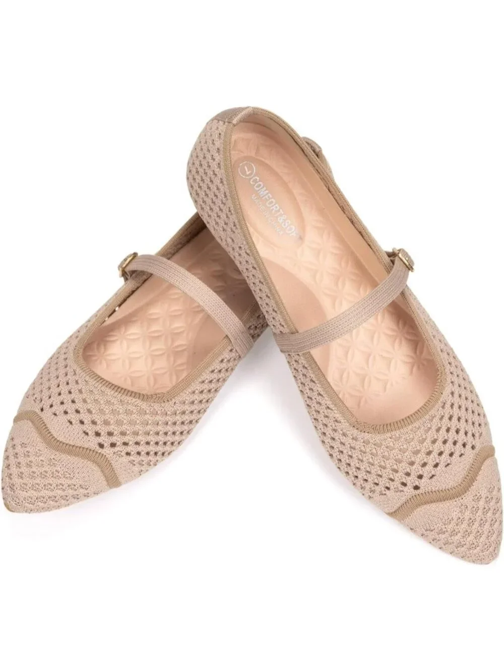 Women's Beige Mesh Ballet Flats Comfy Washable Flexible Breathable Casual